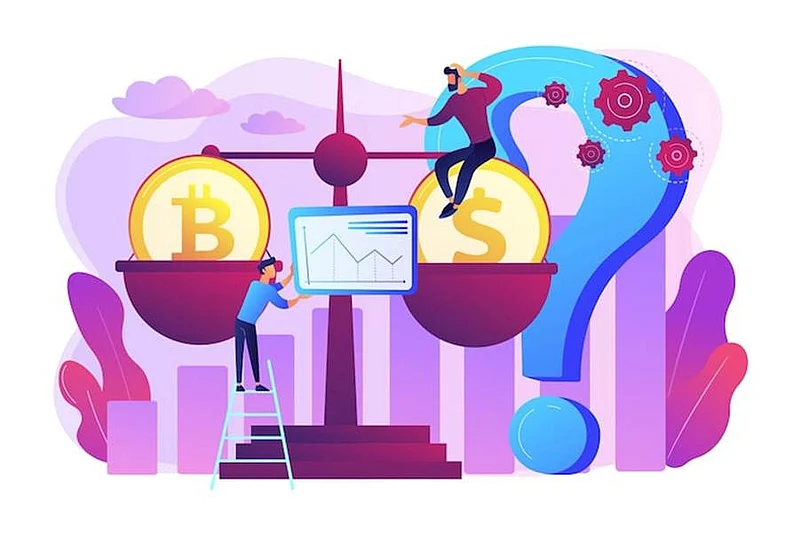 Comparing Bitcoin and US Dollar on a balance scale