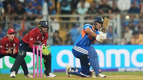 India's Shivam Dube plays a shot during the T20 World Cup cricket semi-final match between India and England in Mumbai, India.