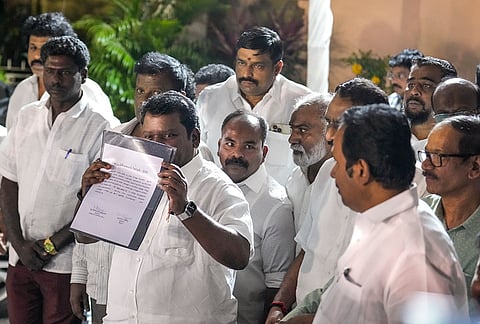 Tamil Nadu Congress President K. Selvaperunthagai with AICC state in-charge Girish Chodankar and party representatives after seat-sharing talks with DMK chief M K Stalin and other leaders ahead of the Tamil Nadu Assembly elections, in Chennai.