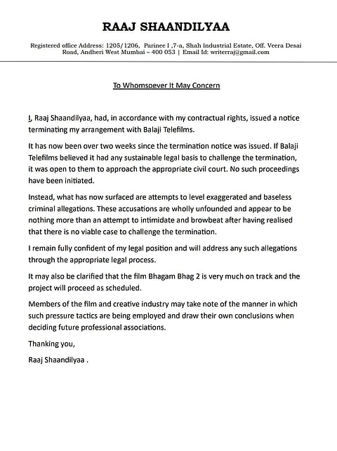 Raaj Shaandilyaa's statement