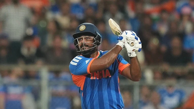 India's Sanju Samson bats during the T20 World Cup cricket semi-final match between India and England in Mumbai, India, Thursday, March 5, 2026. - (AP Photo/Rafiq Maqbool)