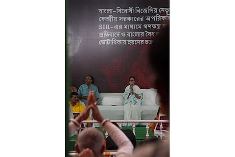A peaceful protest by Bengal chief minister Mamata Banerjee against the BJP-led central government’s unplanned SIR and the alleged attempt to take away the voting rights of legitimate citizens,in Kolkata.