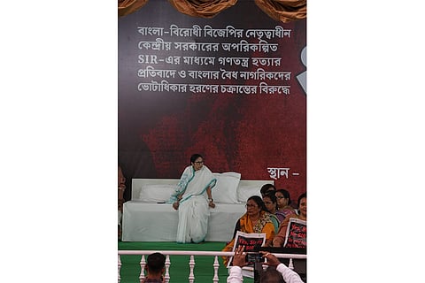 A peaceful protest by Bengal chief minister Mamata Banerjee against the BJP-led central government’s unplanned SIR and the alleged attempt to take away the voting rights of legitimate citizens,in Kolkata.
