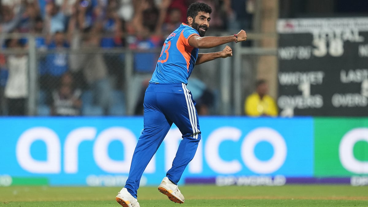 | Photo: AP/Rafiq Maqbool : India's Jasprit Bumrah celebrates the dismissal of England's captain Harry Brook during the T20 World Cup cricket semi-final match between India and England in Mumbai, India, Thursday, March 5, 2026. 
