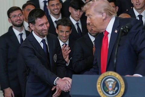 President Donald Trump shakes hands with Lionel Messi during an event to honor the 2025 Major League Soccer champions Inter Miami in the East Room of the White House in Washington. 