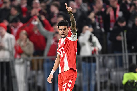 Bayern Munich's Luis Diaz celebrates after scoring during the Bundesliga soccer match between FC Bayern Munich and Borussia Moenchengladbach in Munich, Germany.