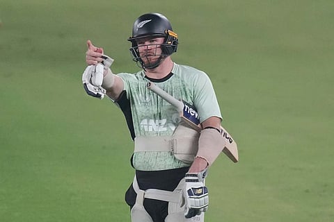 New Zealand's Glenn Phillips attends a training session ahead of the T20 World Cup cricket final match against India in Ahmedabad, India.