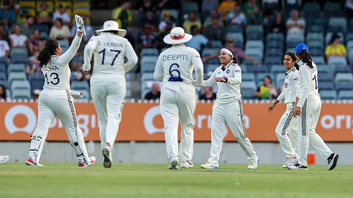 | Photo: X/BCCIWomen : India's Sayali Satghare celebrates a wicket during the one-off Test against Australia on March 7, 2026.