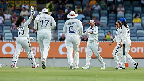 | Photo: X/BCCIWomen : Indias Sayali Satghare celebrates a wicket during the one-off Test against Australia on March 7, 2026.