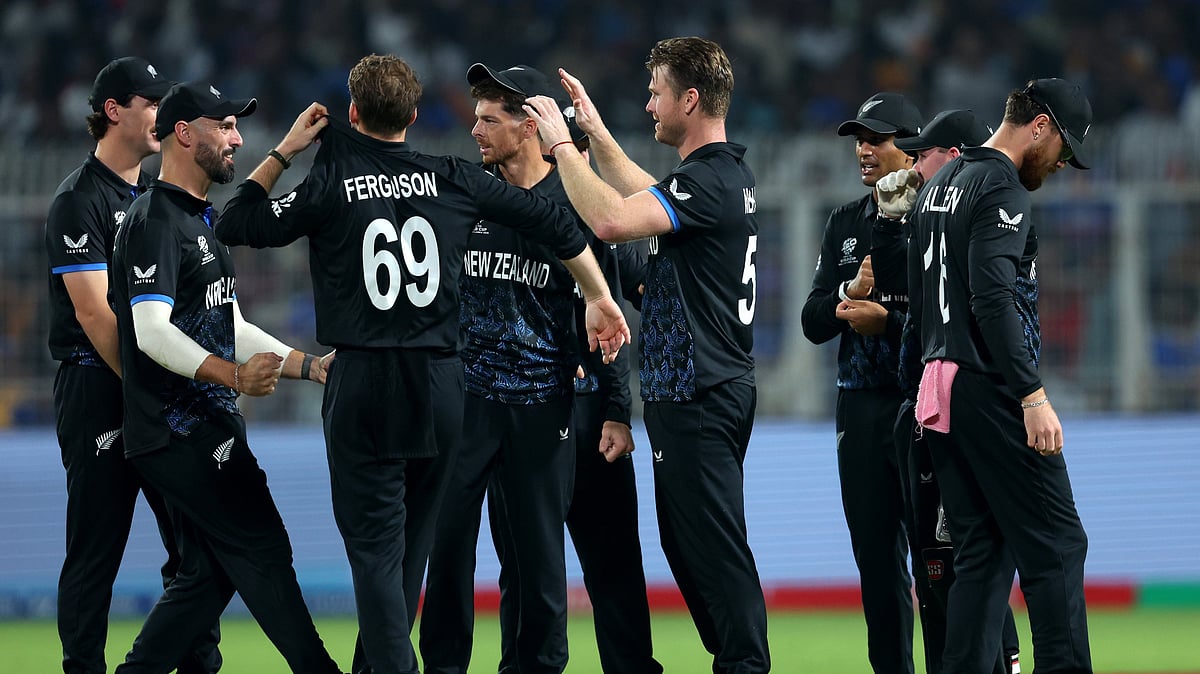 T20WorldCup/X : New Zealand cricketers in action against South Africa in ICC T20 World Cup 2026 semi-final. 