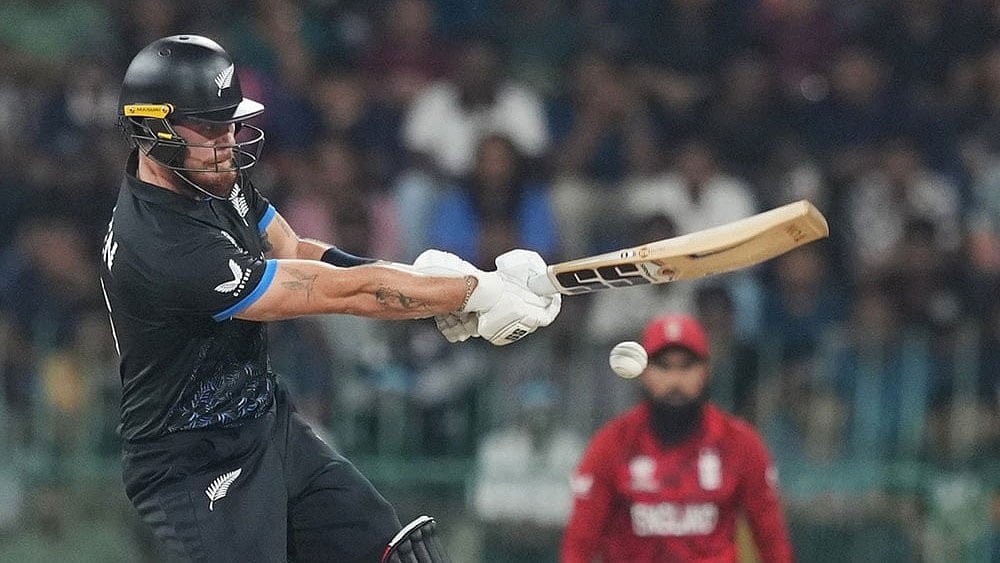 New Zealand's Finn Allen plays a shot during the T20 World Cup cricket match between England and New Zealand in Colombo, Sri Lanka. - | Photo: AP/Eranga Jayawardena