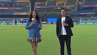 Special Arrangement : Former India spinner Piyush Chawla with presenter Mayanti Langer after India's semi-final win over England in ICC T20 World Cup 2026. 