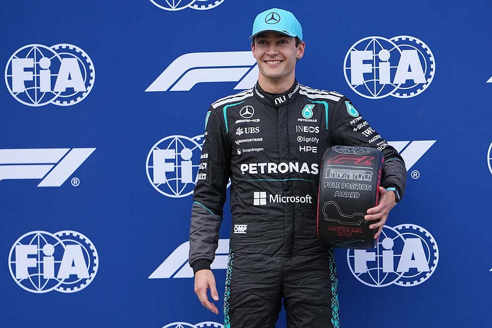 | Photo: AP/Asanka Brendon Ratnayake : Mercedes driver George Russell of Britain reacts after winning the qualifying session for the Australian Formula One Grand Prix at Albert Park, in Melbourne, Australia.