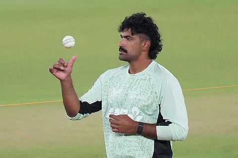New Zealand's Ish Sodhi attends training session ahead of the T20 World Cup cricket final match against India in Ahmedabad, India.