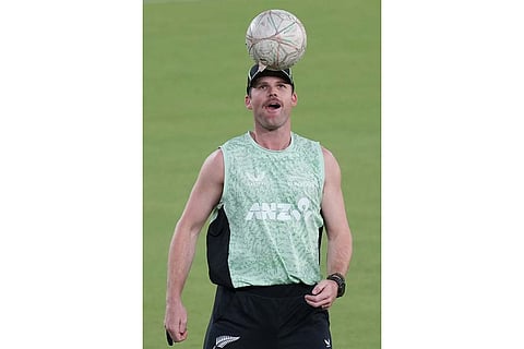 New Zealand's Lockie Ferguson attends a training session ahead of the T20 World Cup cricket final match against India in Ahmedabad, India.