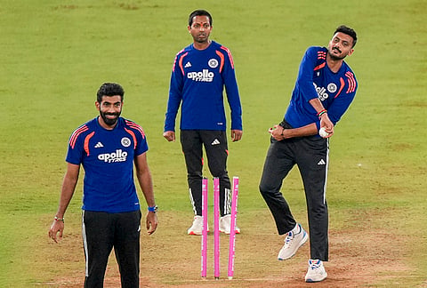 India's Jasprit Bumrah, left, and Axar Patel, right, during a training session on the eve of the ICC Men's T20 World Cup 2026 final cricket match between India and New Zealand, at the Narendra Modi Stadium in Ahmedabad, Gujarat.