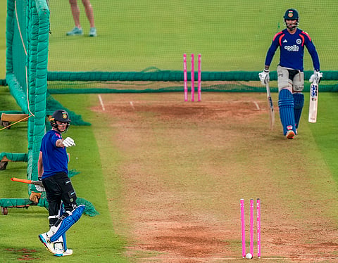 India's Abhishek Sharma, left, during a training session on the eve of the ICC Men's T20 World Cup 2026 final cricket match between India and New Zealand, at the Narendra Modi Stadium in Ahmedabad, Gujarat.