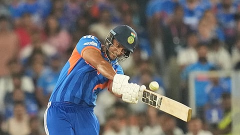 India's Shivam Dube hits a six during the T20 World Cup cricket final match between India and New Zealand in Ahmedabad.