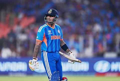India's captain Suryakumar Yadav leaves the ground after losing his wicket during the T20 World Cup cricket final match between India and New Zealand in Ahmedabad.