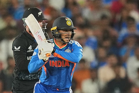 India's Abhishek Sharma reacts after hitting a shot during the T20 World Cup cricket final match between India and New Zealand in Ahmedabad.