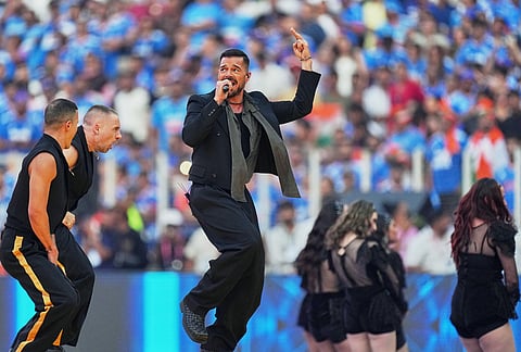 Puerto Rican singer Ricky Martin performs during the closing ceremony of the T20 World Cup cricket final match between India and New Zealand in Ahmedabad.
