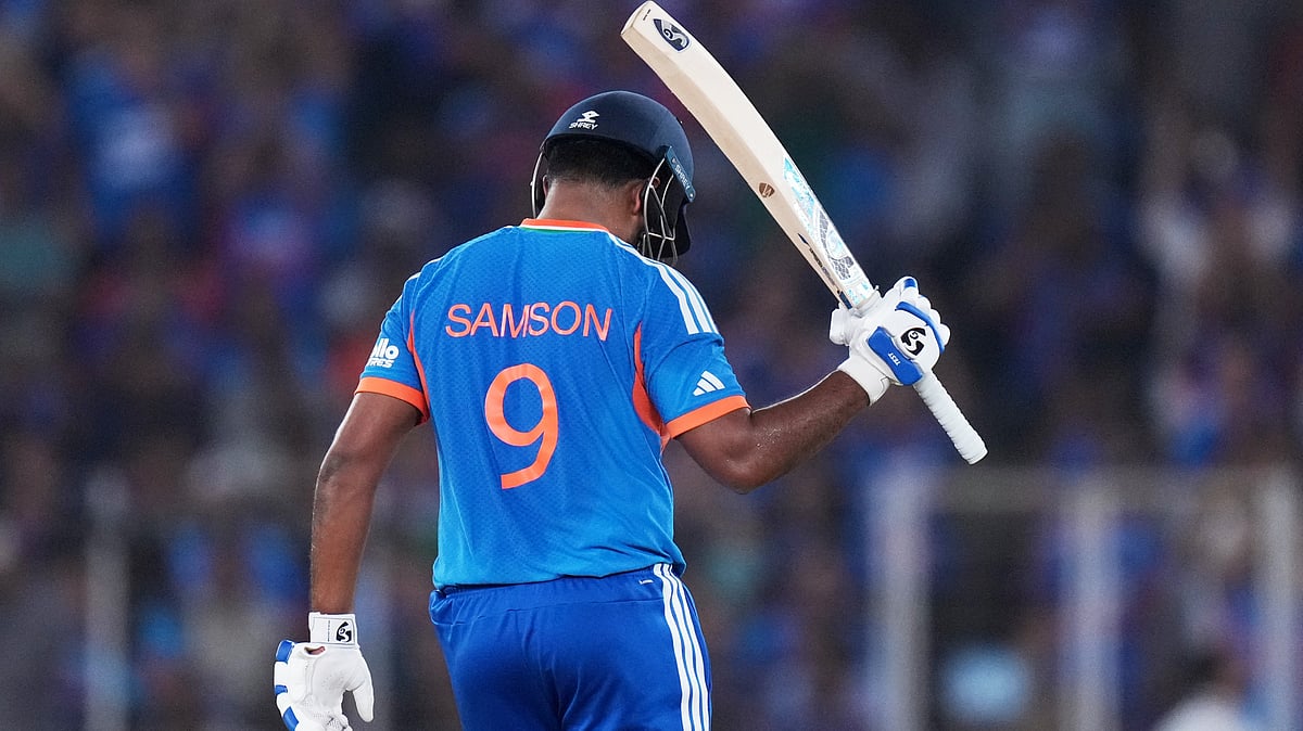 | Photo: AP/Ajit Solanki : India's Sanju Samson celebrates his fifty runs during the T20 World Cup cricket final match between India and New Zealand in Ahmedabad, India, Sunday, March 8, 2026.