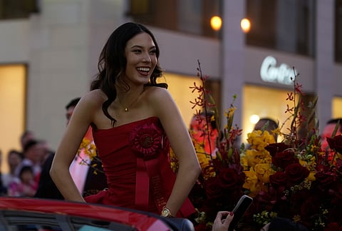 Olympic gold medalist and Grand Marhsal Eileen Gu smiles during the Chinese New Year Parade in San Francisco.