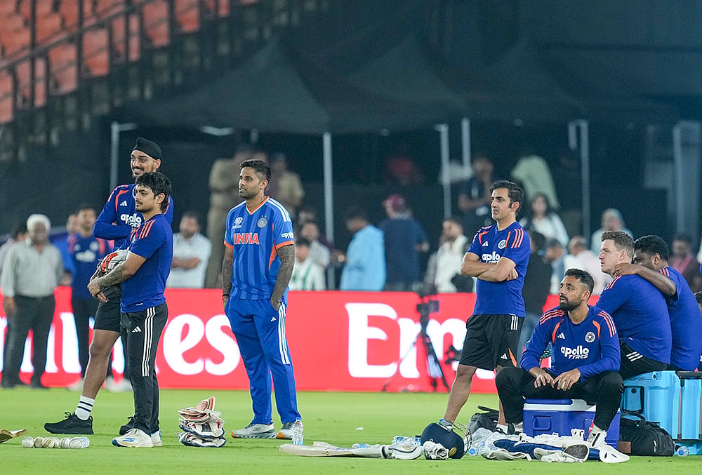 India's captain Suryakumar Yadav, Arshdeep Singh, Ishan Kishan and others during a training session on the eve of the ICC Men's T20 World Cup 2026 final cricket match between India and New Zealand, at the Narendra Modi Stadium in Ahmedabad, Gujarat. - | Photo: PTI/Shailendra Bhojak