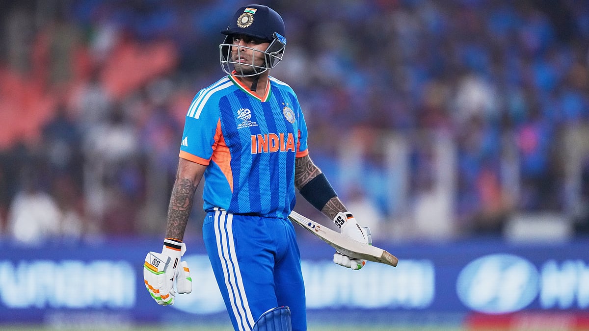 India's captain Suryakumar Yadav leaves the ground after losing his wicket during the T20 World Cup cricket final match between India and New Zealand in Ahmedabad, India, Sunday, March 8, 2026 - (AP Photo/Ajit Solanki)