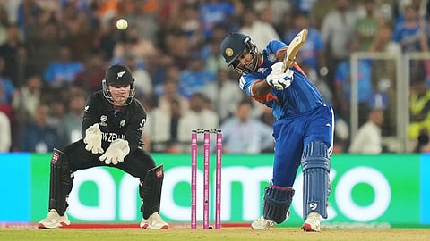 India's Sanju Samson hits a boundary during the T20 World Cup final against New Zealand in Ahmedabad.