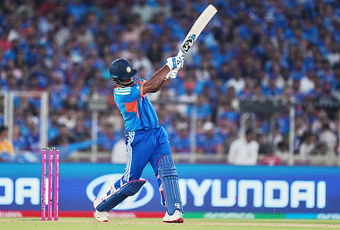 India's Sanju Samson plays a shot during the T20 World Cup cricket final match between India and New Zealand in Ahmedabad.