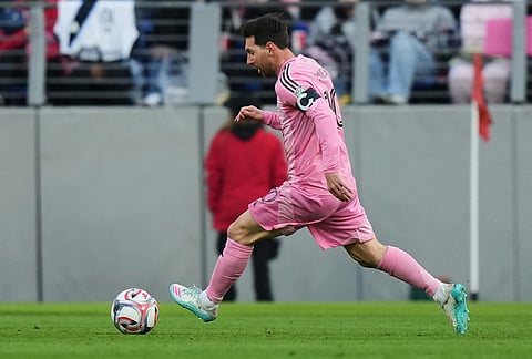 Inter Miami forward Lionel Messi (10) advances with the ball to score against D.C. United during the first half of an MLS soccer match, in Baltimore. 