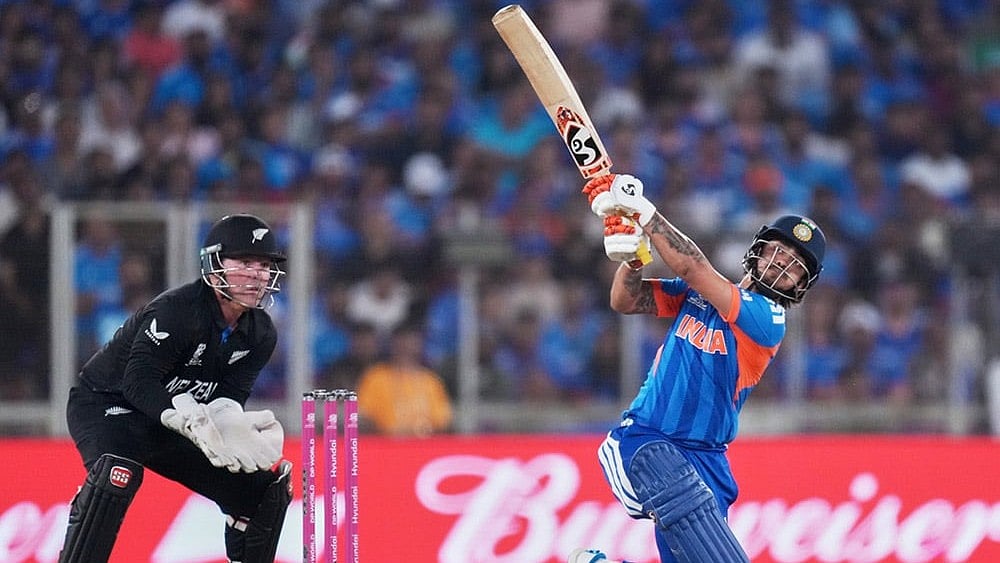 | Photo: AP/Ajit Solanki : India's Ishan Kishan plays a shot during the T20 World Cup cricket final match between India and New Zealand in Ahmedabad.
