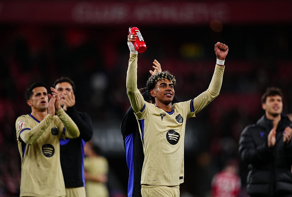 | Photo: AP/Miguel Oses : Barcelona's Lamine Yamal celebrates at the end of the Spanish La Liga soccer match between Athletic Bilbao and Barcelona in Bilbao, Spain.