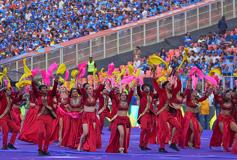 Dancers perform during the closing ceremony of the T20 World Cup cricket final match between India and New Zealand in Ahmedabad.