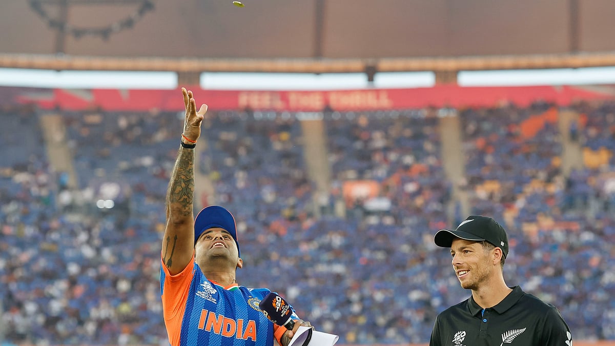 BCCI/X : Suryakumar Yadav and Mitchell Santner at the toss in the ICC T20 World Cup 2026 final at the Narendra Modi Stadium in Ahmedabad.