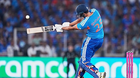 India's Shivam Dube plays a shot during the T20 World Cup cricket final match between India and New Zealand in Ahmedabad, India, Sunday, March 8, 2026.