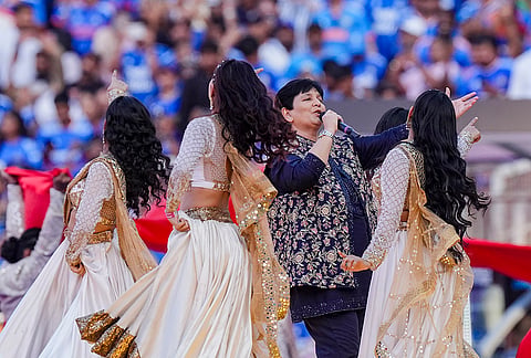 Singer Falguni Pathak performs before the start of the ICC Men's T20 World Cup 2026 final cricket match between India and New Zealand at Narendra Modi Stadium, in Ahmedabad, Gujarat.