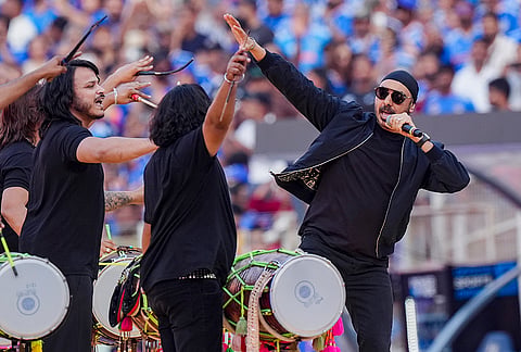 Singer Sukhbir performs before the start of the ICC Men's T20 World Cup 2026 final cricket match between India and New Zealand at Narendra Modi Stadium, in Ahmedabad, Gujarat.