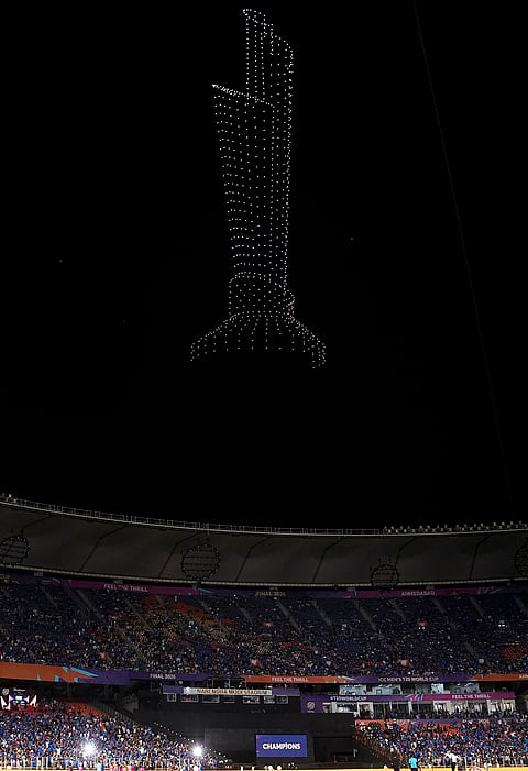 Drones light up the sky above the Narendra Modi Stadium after India won the ICC Men's T20 World Cup 2026, in Ahmedabad, Gujarat.