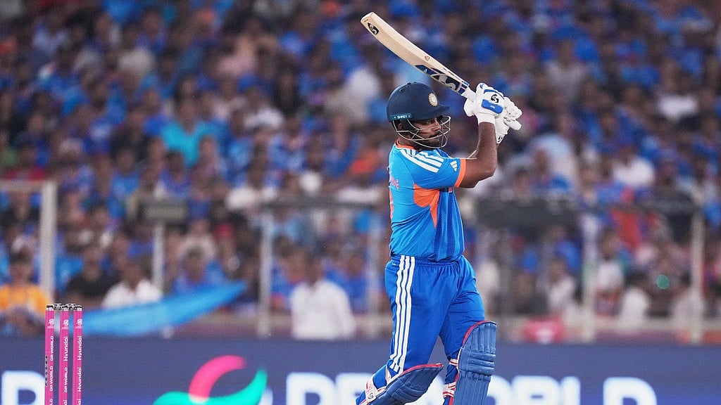 India's Sanju Samson plays a shot during the T20 World Cup cricket final match between India and New Zealand in Ahmedabad, India, Sunday, March 8, 2026.  - AP Photo/Ajit Solanki