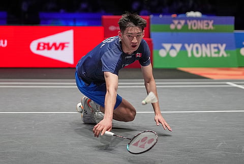 Canada's Victor Lai plays against India's Lakshya Sen during the men's singles semifinal match at the All England Open Badminton Championships in Birmingham, England.