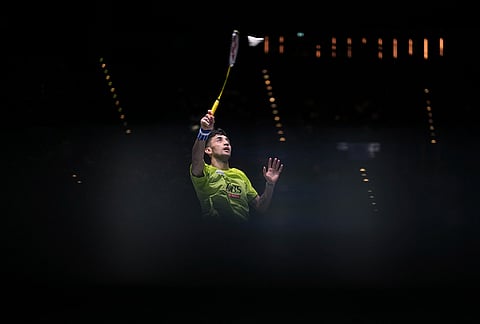 India's Lakshya Sen plays against Canada's Victor Lai during the men's singles semifinal match at the All England Open Badminton Championships in Birmingham, England.
