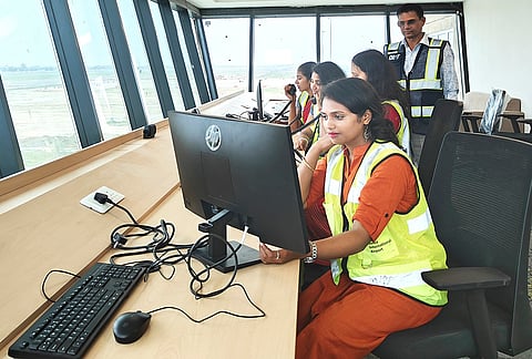Women personnel monitor systems during operational preparations ahead of the launch of Noida International Airport, in Noida, Uttar Pradesh. Women professionals are playing diverse roles in the airport’s development and operational planning.