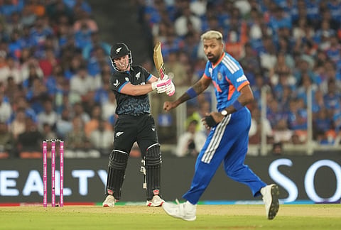 New Zealand's Tim Seifert plays a shot during the T20 World Cup cricket final match between India and New Zealand in Ahmedabad.
