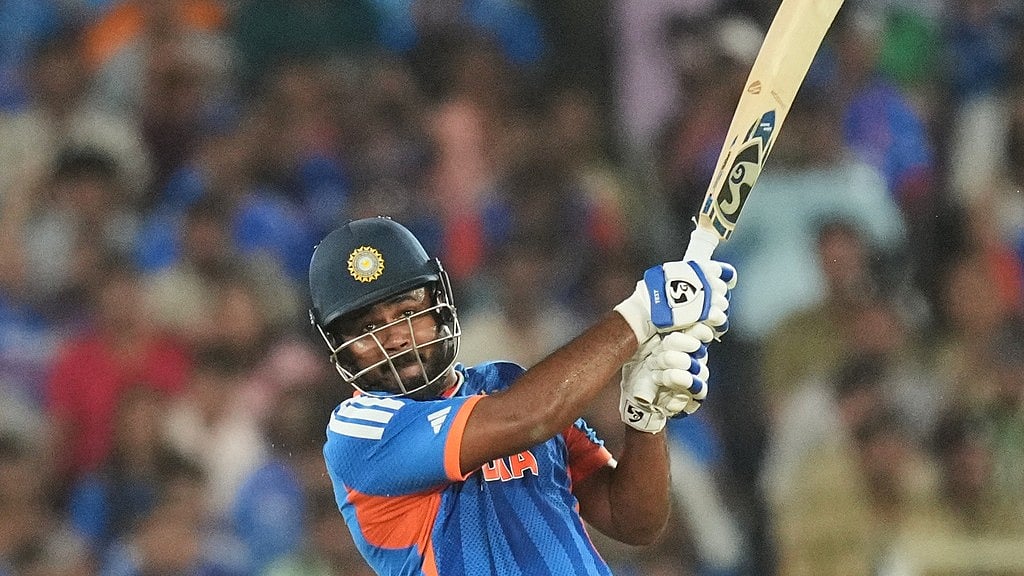 India's Sanju Samson plays a shot during the T20 World Cup final against New Zealand in Ahmedabad. - AP