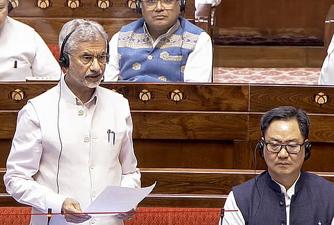 External Affairs Minister S Jaishankar, left, speaks in the Rajya Sabha during the Budget session of Parliament, in New Delhi.