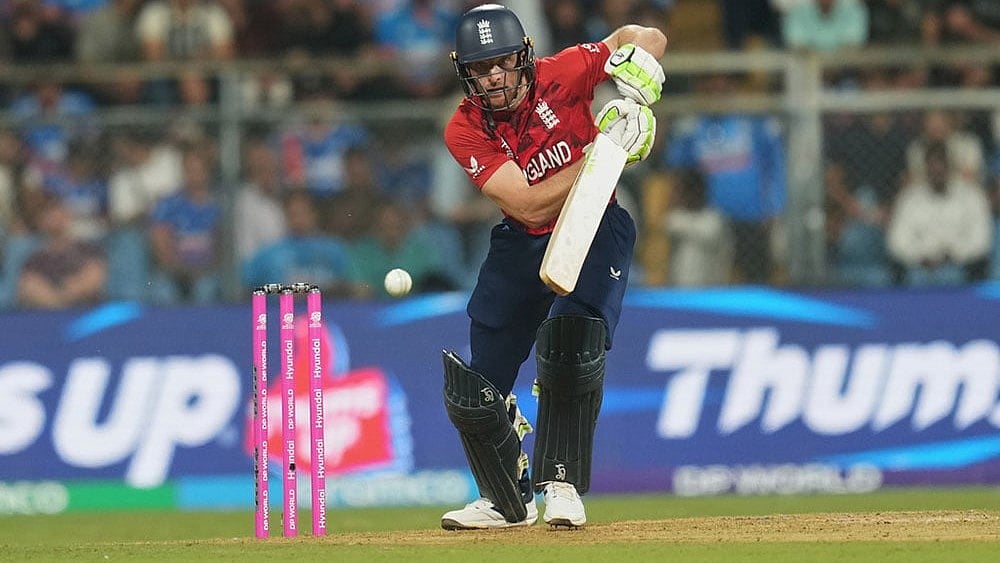 England's Jos Buttler plays a shot during the T20 World Cup cricket semi-final match between India and England in Mumbai, India. - | Photo: AP/Rafiq Maqbool