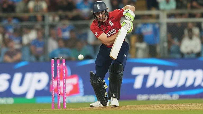 England's Jos Buttler plays a shot during the T20 World Cup cricket semi-final match between India and England in Mumbai, India. - | Photo: AP/Rafiq Maqbool