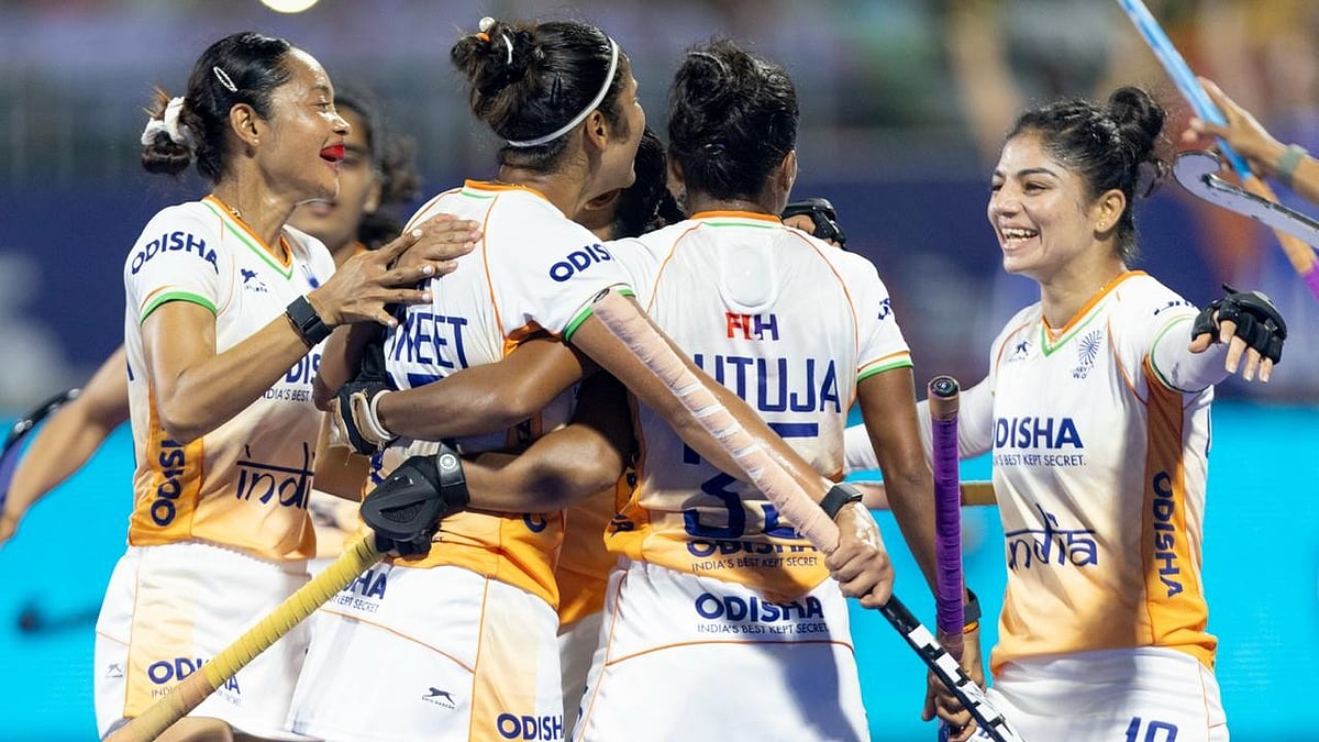 | Photo: Hockey India : India players celebrate during their FIH Women's Hockey World Cup Qualifiers match against Scotland on March 9, 2026.